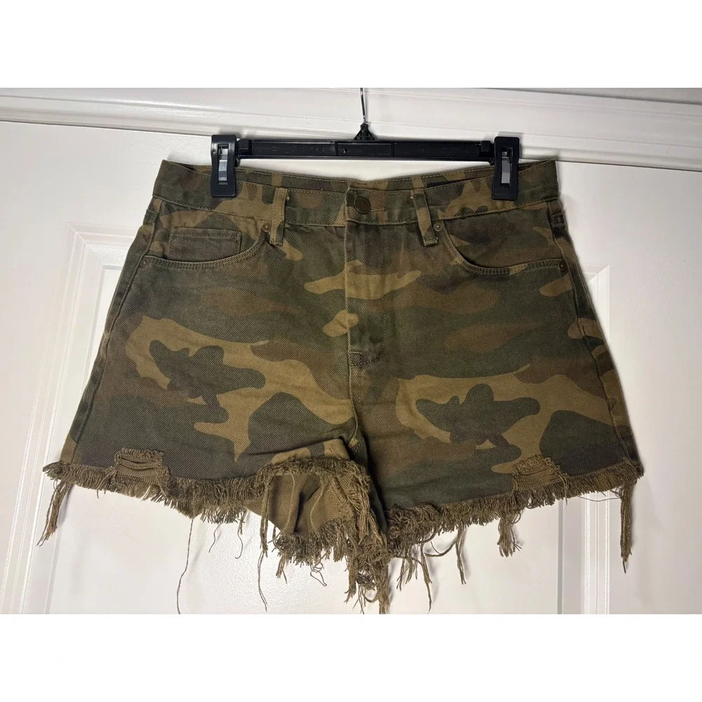 Blank NYC The Barrow Camo High Rise Distressed‎ Denim Shorts